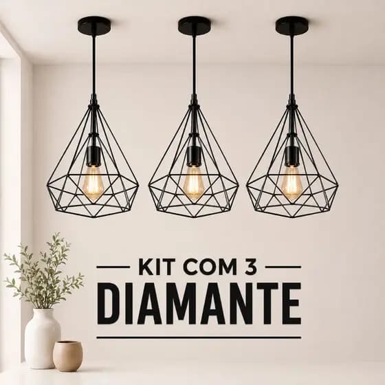 Kit Com 3 Lustres Pendente Diamante Industrial Aramado E27 Para Bancada Ilha Gourmet