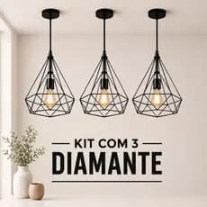 Kit Com 3 Lustres Pendente Diamante Industrial Aramado E27 Para Bancada Ilha Gourmet