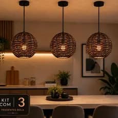 Kit Com 3 Pendentes Bola Rattan Marrom Lustre Moderno E27 Decoração Cozinha Sala Gourmet