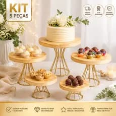 Kit Decoração 5 Boleiras Doceiras em Ferro Com Madeira p/ Decoração de Festas