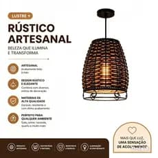 Pendente Artesanal Trançado Marrom Lustre Decorativo Com Detalhe Em Ferro Para Sala Cozinha Sala de Estar Quarto Áreas