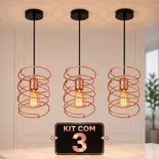 Kit 3 Pendentes Argola Com Fio Preto Lustre Moderno E27 Decoração Sala Cozinha