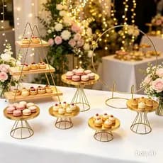 Kit Decoração Luxo Arco De Mesa Dourado + Boleira e Doceiras +Escadinha com 5 peças Decoração Festas Eventos