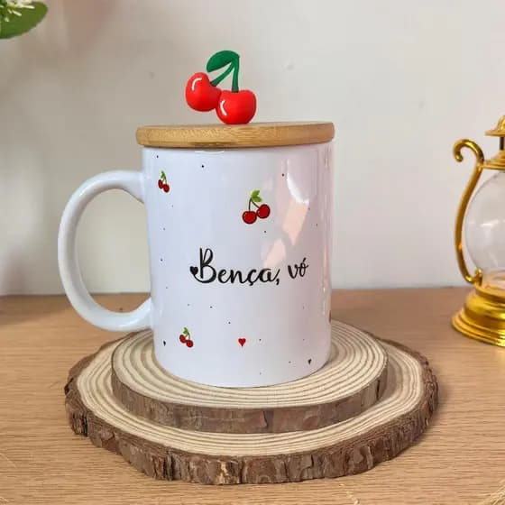 caneca para avó com tampa de bambu e puxador de cereja presente especial de uso exclusivo da vovó/vovô