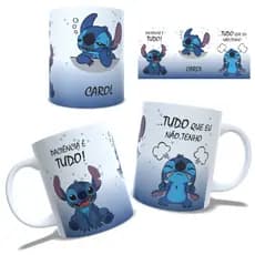 Caneca porcelana personalizada sublimação paciência é tudo que eu não tenho stitch com nome