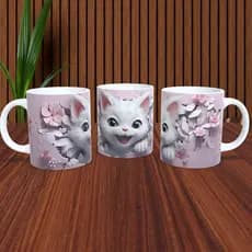 Caneca branca personalizada 325ml efeito 3D de gatinho