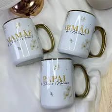 Caneca luxo 470ml branca alça e borda dourada personalizada para papai/mamãe/irmão/avós/dinda/padrinhos/batizado/nome