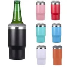 Copo Suporte Térmico 5 em 1 Porta Lata Porta Long Neck em inox com 2 tampas 420ml Cores variadas
