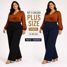 Kit 2 Calças Pantalona Plus Size Feminina Crepe Cintura Alta G G1 G2 G3 Social Elegante