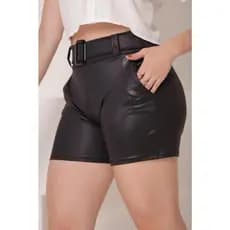 Shorts Cirre Couro Femenino Preto Cinto e Fivela com Bolso Lateral