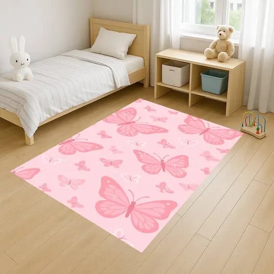 Tapete Retangular 100x140 Antiderrapante Infantil Baby Meninas Campo Quarto Sala Borboleta Flores Decoração