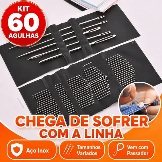 Kit 60 Agulhas Costura à Mão Olho Aberto Passa Linha Fácil Passador Bordado Reparo Roupas Couro Jeans Tamanhos Variados
