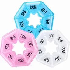 Porta Comprimidos Semanal Circular Sextavado 7 Divisões Organizador Kit 1 ou 2