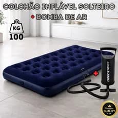 Colchão Inflável Solteiro Suporta até 100KG Resistente Aveludado Portátil+ Bomba de Ar Inclusa Camping Praia Multiuso