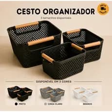 Cesto Organizador Decorativo com Alça de Bambu Multiuso de Plástico Cozinha Quarto Banheiro Escritório