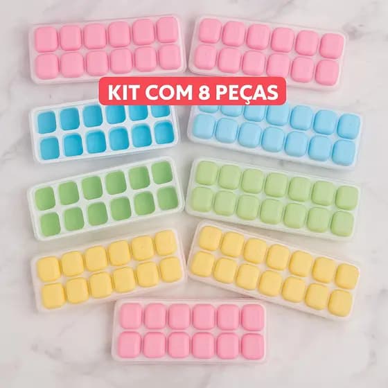 Kit 8 Formas de Gelo Silicone Com Tampa Rígida e Flexível Cubo de Gelo Congelar papinha bebe empilhavel anti odor intro