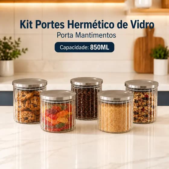 Conjunto Potes Hermeticos 850ml Vidro Tampa Inox Kit 2 3 5 Porta Mantimentos Alimentos Seguro Café Biscoito Açucar Doces