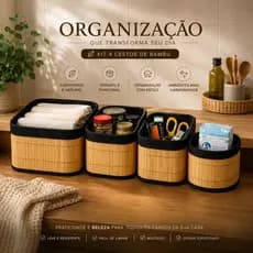 Cesto Organizador de Bambu Preto Decorativo Multiuso para Banheiro Quarto e Cozinha