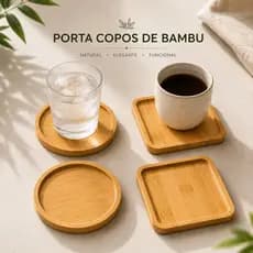 Kit apoio de copo Porta Copos + Suporte Bambu 2 4 6 Quadrado Redondo Descansador Decoração Mesa Cozinha Natural