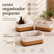 Cesto Organizador Bambu Retangular PEQUENO 18X12 Multiuso com Forro Banheiro Lavanderia Decoração Cosmeticos