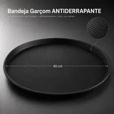 Bandeja Garçom 40cm Preta Profissional Bar Restaurante Lanchonete Servir Bebidas Preta Redonda Antiderrapante