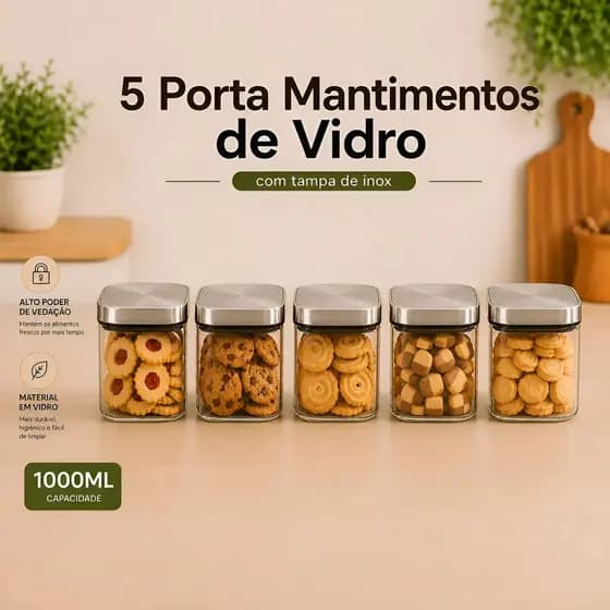 Kit Potes Herméticos Porta Mantimentos 1 Litros Vidro Tampa de Inox Quadrado Café Açucar Alimentos Seguro Arroz Feijão