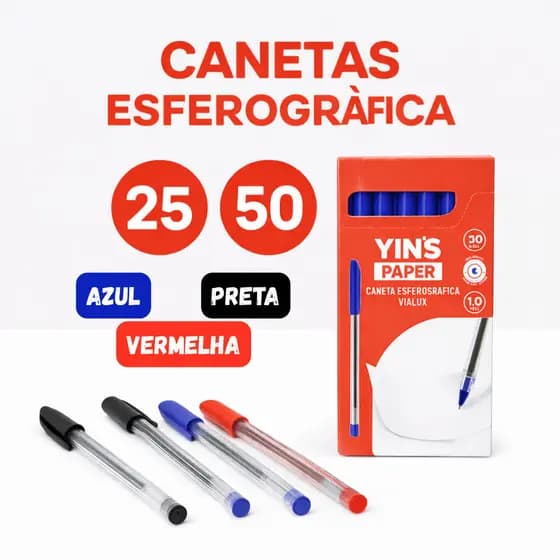 Kit 25 e 50 Caneta Esferográfica Preta Azul Vermelha Escrita Ponta Fina Canetas Escola Escritório Papelaria