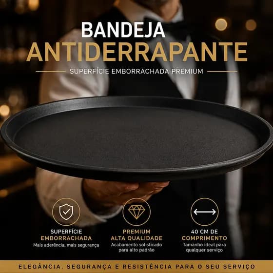 Bandeja Garçom PREMIUM 40cm Antiderrapante EMBORRACHADA Bar Restaurante Lanchonete Leve Servir Bebidas Redonda