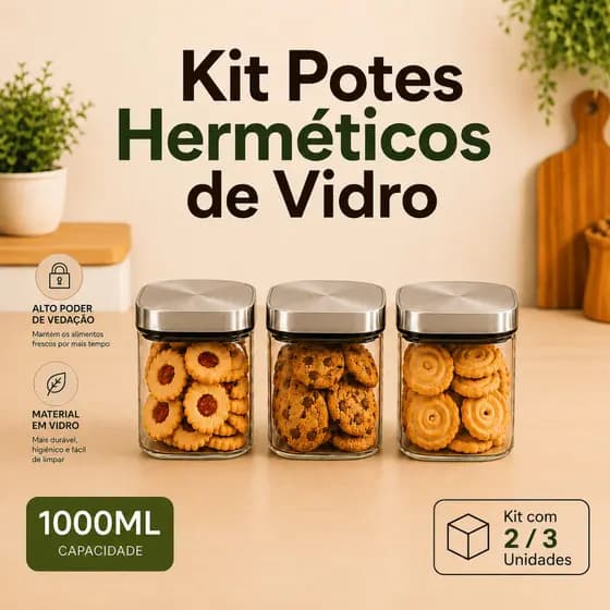 Kit Potes Herméticos 1.6L Vidro Tampa de Inox Porta Mantimentos Alimentos Café Açucar Doces Bicoitos Arroz Cereais