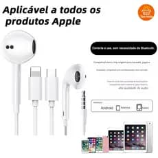 Fone Com Fio Stereo (com mic) para iPhone (Lightning/15-16 Type-C) e Android, compatível com Lightning/Type-C/3.5mm