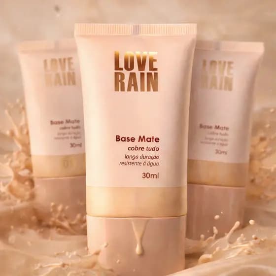 Base Líquida Matte Love Rain – Alta Cobertura, À Prova D’Água e Longa Duração Cobre Tudo 30ML
