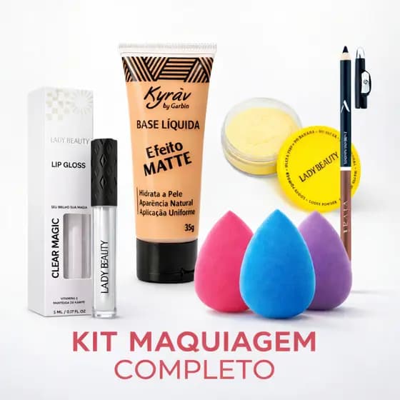 Kit Maquiagem Completa – Base Líquida + Pó Banana + Gloss + Esponjinha + Lápis