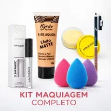 Kit Maquiagem Completa – Base Líquida + Pó Banana + Gloss + Esponjinha + Lápis