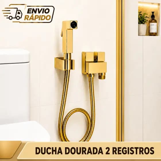 Ducha Higiênica Registro 2 Saídas Metal Quadrada Dourado Dourada Completa Banheiro Luxo Brilhante