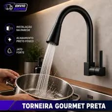 Torneira Gourmet Para Pia de Cozinha Preta Flexível Parede Jato Forte