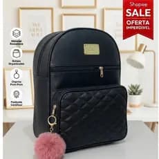 Mochila Feminina Fashion Grande com Pompom e Alças Reguláveis 3 Bolsos com Zíper Dia a Dia BD