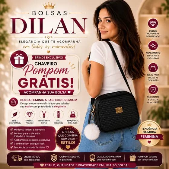 Bolsa Feminina Transversal Mini Bag Couro Sintético com Pompom Fashion Elegante Casual