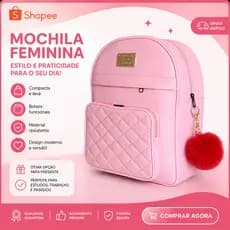 Mochila Feminina Fashion em Couro Sintético com chaveiro Pompom e Alças Ajustáveis Dia a Dia
