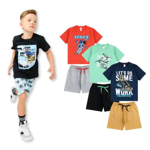 Kit Sortido Conjuntos Masculino Camisetas + Bermudas Infantil Juvenil 2 ou 3 Conjuntos Menino ou 4 Pç