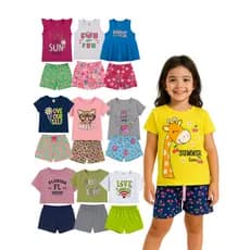 Kit Sortido 10 Peças Feminino 5 Blusas + 5 Shorts Infantil Juvenil 5 Conjuntos Menina Verão 1 ao 16