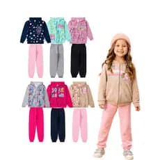 Kit 6 Peças Moletom Feminino 3 Casacos c/ Estampas Zíper e Capuz + 3 Calças Lisas Infantil Menina