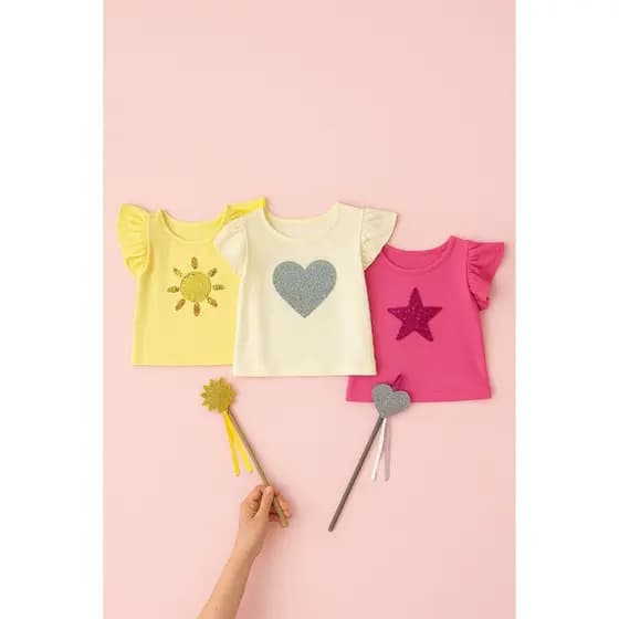 Blusa Manga Curta com Varinha Mágica Feminina/Menina Infantil Brilho Manga de Babado Verão