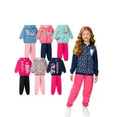 Kit 10 Peças Moletom Feminino 5 Casacos c Estampas Zíper e Capuz + 5 Calças Lisas Infantil Menina