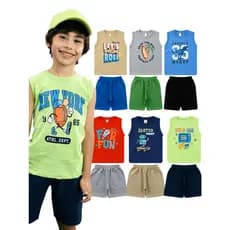 Kit Sortido 4 ou 5 Conjuntos Masculinos Regatas + Bermudas Infantil Juvenil Menino 8 ou 10 Peças