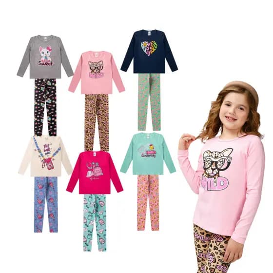 Kit Sortido 5 Conjunto Meia Estação Feminino/Menina Infantil Juvenil Blusa Manga Longa Calça Legging
