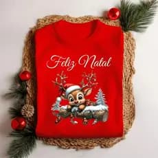 Camiseta Unissex Feliz Natal Rena Personalizada Elegante Tecido Premium PROMOÇAO DE LANÇAMENTO