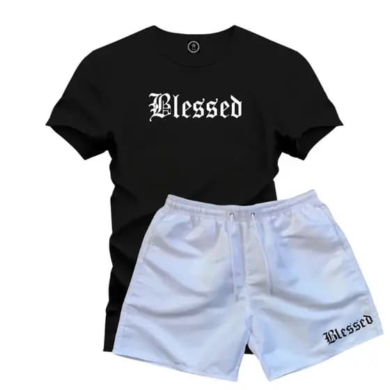 Conjunto Camiseta Blessed 100% Algodão + Short Tactel Branco