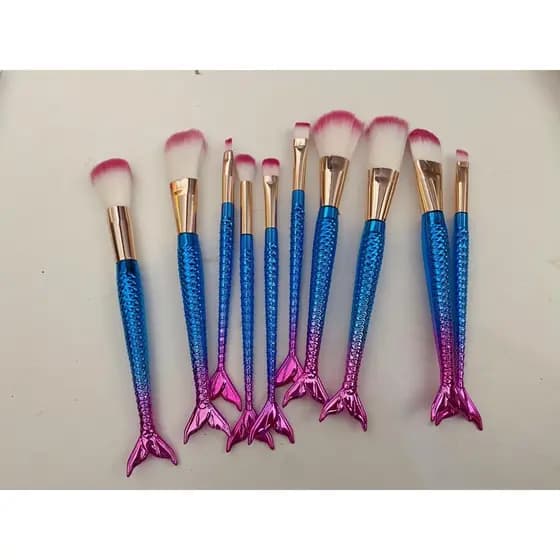 Kit 10 Pincel Sereia Unicórnio Com Estojo Lindo Maquiagem Para Base Blush E Sombra De Olhos Cerdas Macias  (S14)