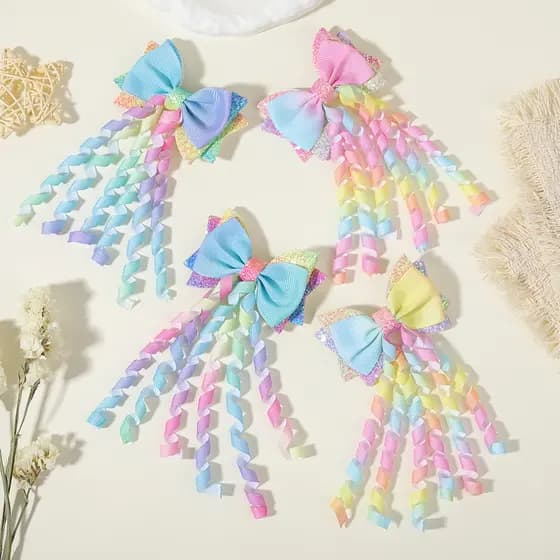 1/2 Unidades De Clipe De Laços De Cabelo Infantis Brilhantes Com Borla Cor Arco-Íris