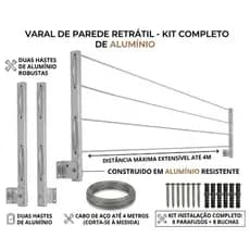 2 Pares Varal De Parede Retrátil 100% Alumínio Premium, Cabo De Aço Encapado Suporta 80 kg
